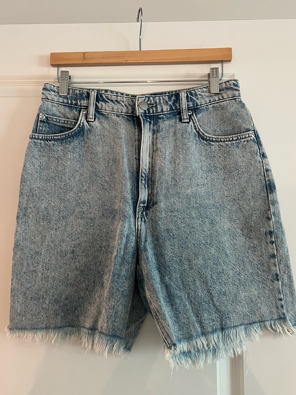 Lee Women’s High Rise Bermuda Denim Jean Shorts with Frayed Hem